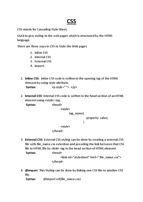 Css notes - Css notw webtech - CSS CSS stands for Cascading Style Sheet ...