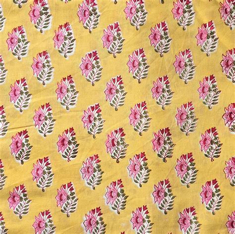 ( PRE-CUT 1.70 METER ) Pure Cotton Jaipuri Yellow With Pink Flower Mot ...
