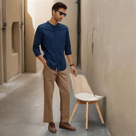 Buy Navy Mandarin Collar Solid Linen Cotton Shirt for Men | Rustorange