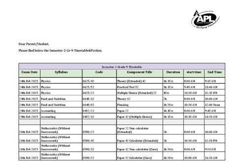 Semester 2 Grade 9 Exam Timetable & Syllabus Overview - Studocu