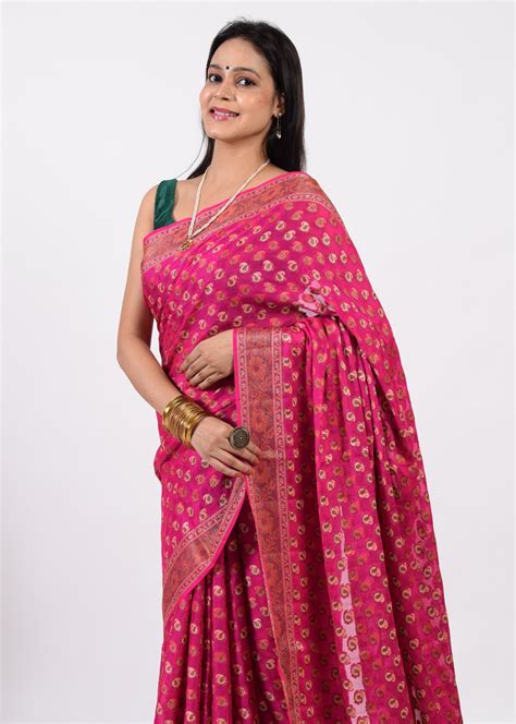 Magenta Pure Khaddi Chiffon Silk Banarasi Handloom Zari Woven Motifs S ...