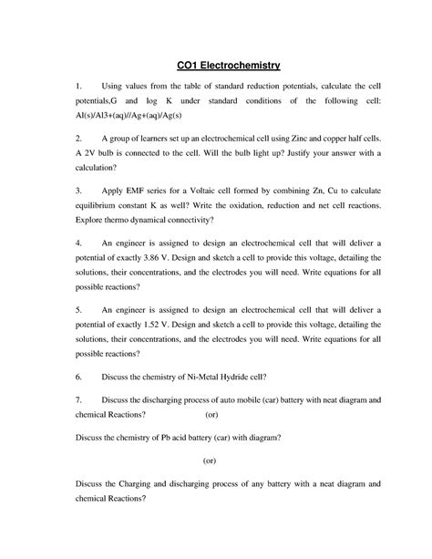 Chemistry CO1,CO2 model papers - CO1 Electrochemistry Using values from ...