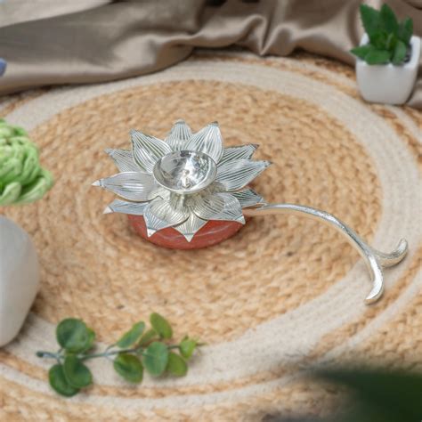 German Silver Lotus Diya With Resin Stand - Festive Gifting | The Zappy Box