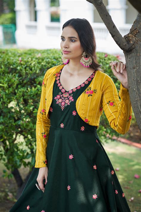 Amazing Green with Yellow Color Work Anarkali Gown With Jack