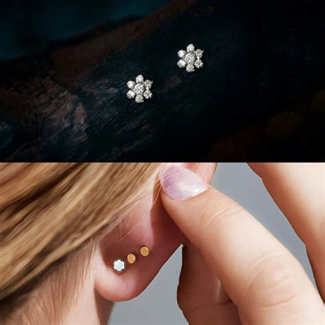 Flat Back Labret Silver Flower Diamond Earrings Stud with Screw closer ...