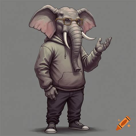 Elephant-headed humanoid figure with glasses, wearing hoodie and baggy ...