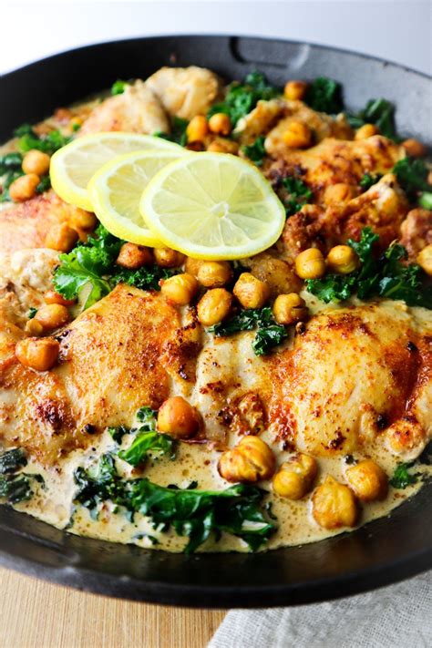 CREAMY LEMON CHICKEN THIGHS WITH KALE AND CHICKPEAS | Recipe | Healthy ...
