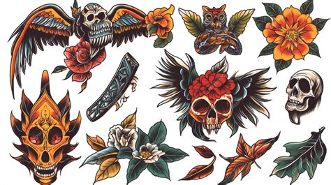 Classic Tattoo Flash Sheet Bold Lines Bright Colors Traditional Designs ...