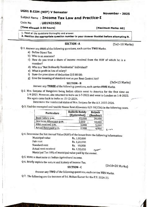 UG01 B.COM (NEP) V Sem Nov 2025 Income Tax Law Question Paper - Studocu