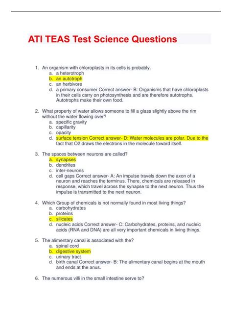ATI TEAS Test Science Questions with correct Answers 2023 - ATI TEAS ...