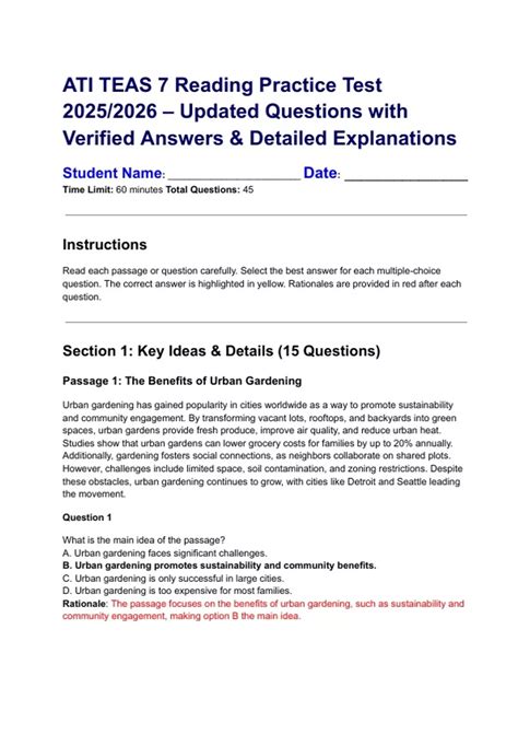 ATI TEAS 7 Reading Practice Test 2025/2026 – Updated Questions with ...