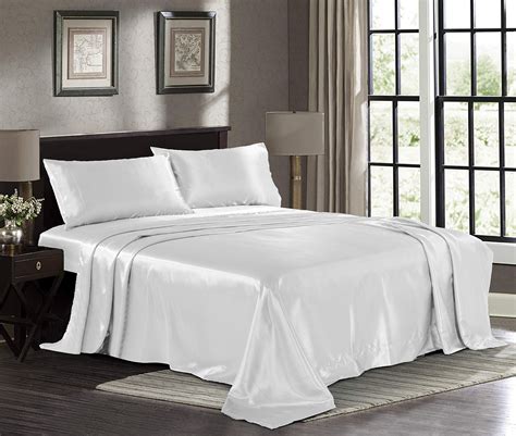 Satin Sheets Queen [4-Piece, White] Hotel Luxury Silky Bed Sheets ...