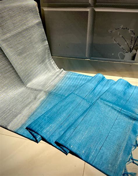 Kota Silk Saree Spring Gray Color with Sequence Pallu, golden stripes ...