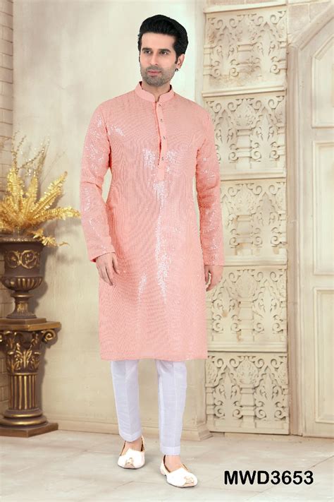 Readymade Peach Sequins Embroidered Kurta Pajama-Size-52