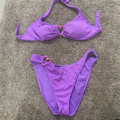 Large purple 2 piece bathing suit with pink heart - Depop