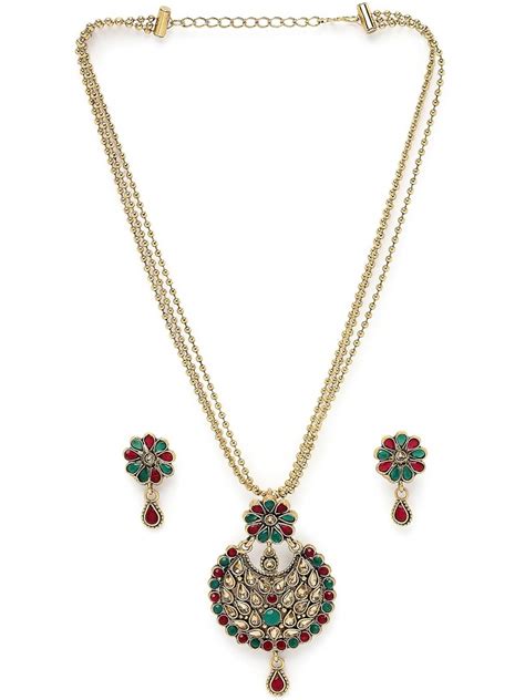 Sukkhi Eye-Catching Green Red Stone Multistring Long Necklace Set And ...