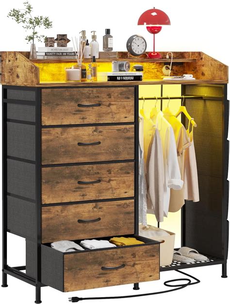 Modern 5 Dresser with LED Hanging Rack, Dresser with Clothes Rack ...