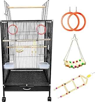 BURAQ 30 Inch Sturdy Large Bird Metal Metal Cage With 3 Pcs Bird Toys ...