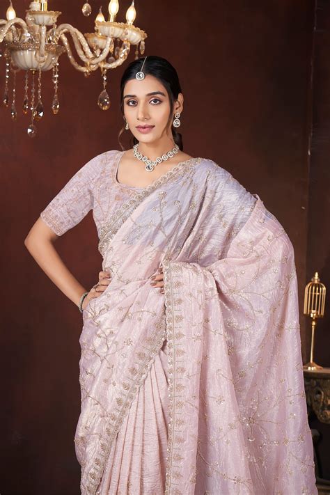 Blush Pink Tissue Saree with Golden Beads & Sequin– Naveli