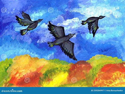 Birds Fly South Over the Autumn Forest. Children`s Drawing Stock Image ...