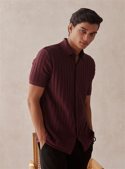 Buy Burgundy Cable-Knit Shirt Casual Burgundy Structure Shirt for Men ...