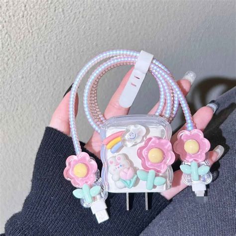 Luxury 3D Floral Rainbow Cartoon Transparent iPhone Charger Set With W ...