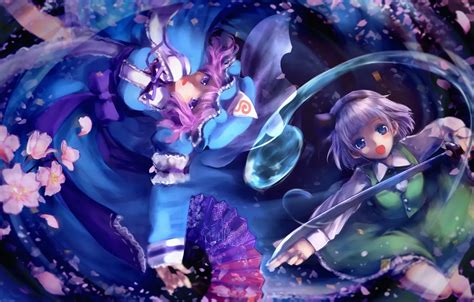 Wallpaper girls, sword, katana, petals, Sakura, fan, art, touhou for ...