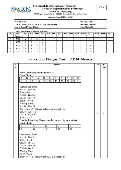 SET A OS Answer Key - question paper - SRM Institute of Science and ...