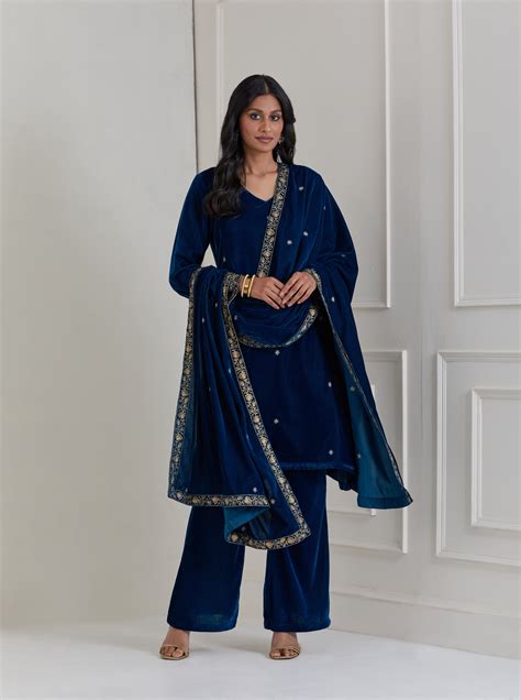 Blue Embroidered Velvet A-Line Suit - Set of 3 – VDESIGN4EVER