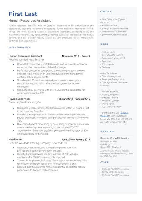 Human Resources Assistant Resume Examples for 2025 | Resume Worded