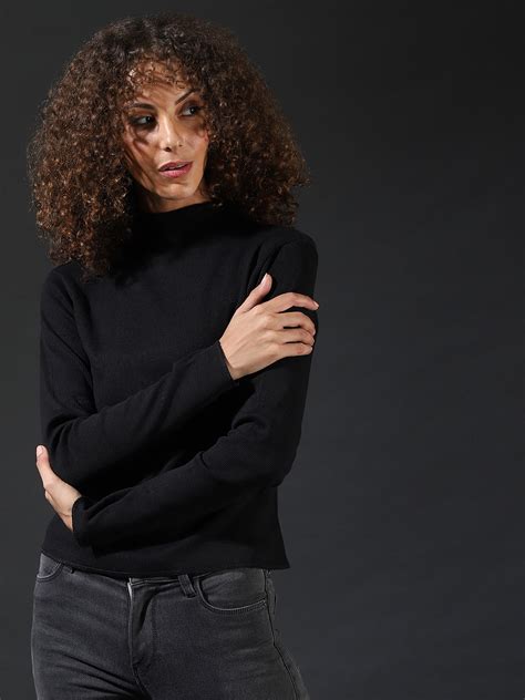 Campus Sutra Women's Jet Black Ribbed Knit Sweater - Campussutra