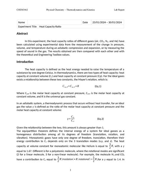 Heat Capacity Lab Report (PHYS 101): Analysis of Gas Ratios - Studocu
