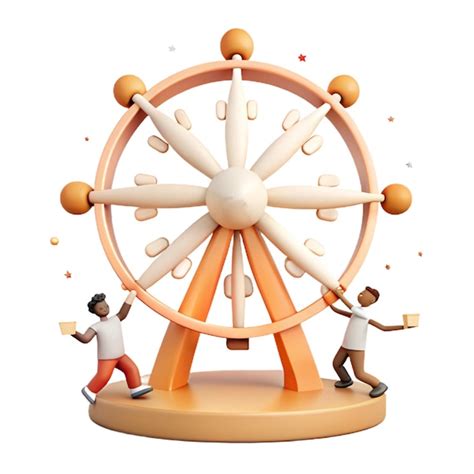 Two people are standing next to a wooden wheel with the number 1 on it ...