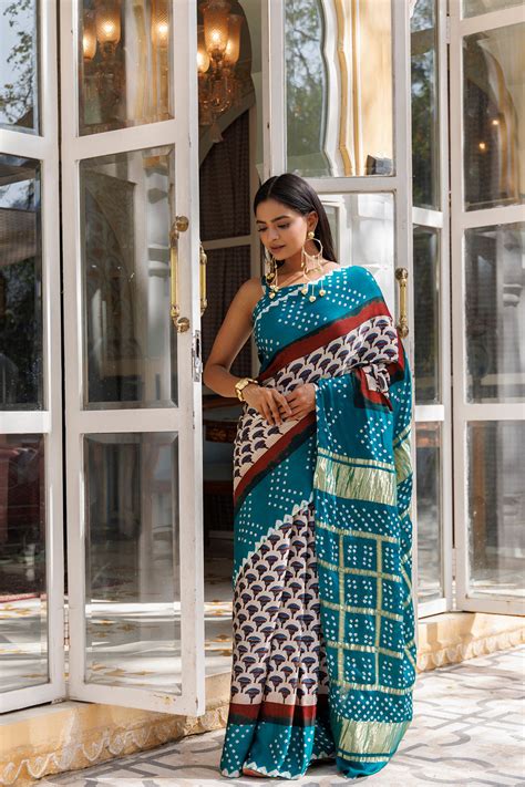 Green Ajrakh Handblock Bandhani Silk Saree With Zari Gharchola Pallu ...