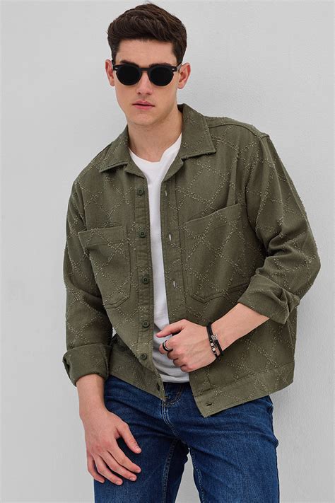Buy Men's Olive Geometric Overshirt Online | Snitch – SNITCH