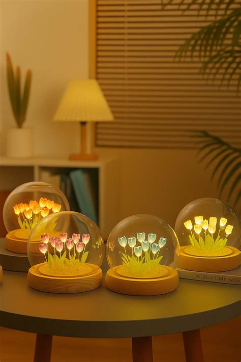 LED Multicolor Tulip Flower Light Dome with Glass Cover and Wooden Bas