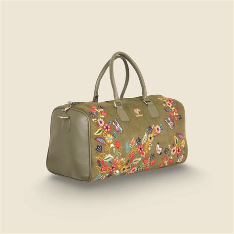 Olive Green Floral Embroidered Vegan Leather Travel Duffel Olive Waves ...
