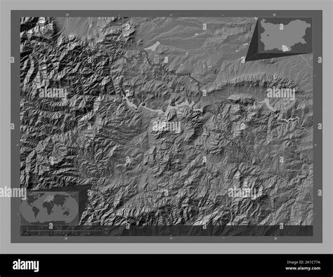 Kardzhali, province of Bulgaria. Bilevel elevation map with lakes and rivers. Corner auxiliary ...