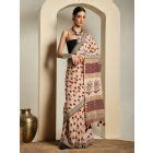 Beige Maroon Bagru Hand Block Printed Cotton Mulmul Saree
