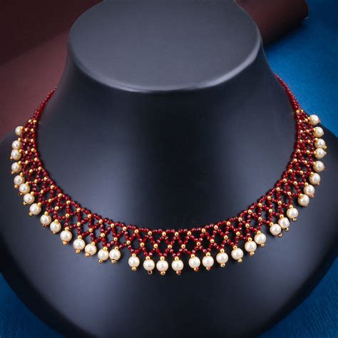 Sukkhi Tiny Elegant Gold Plated Maroon Pearl Choker Necklace for Women ...
