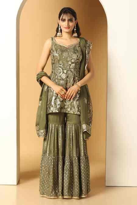 Buy Green Chiffon Sequins Paisley Fleur Embroidered Kurta Sharara Set ...