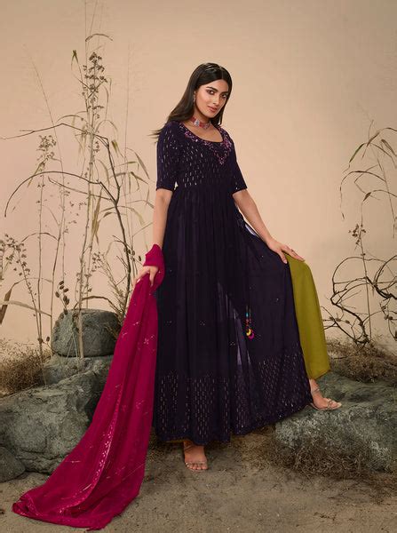 Purple Georgette Embroidered Work Kurta Palazzo Dupatta Set