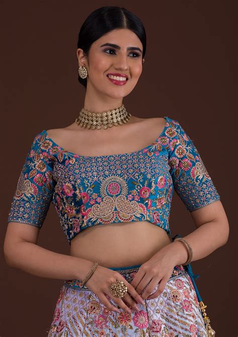 Buy Peacock Blue Zariwork Velvet Semi Stitched Lehenga - Koskii