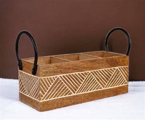 Wood art store Wooden Cutlery Holder for Dining Table with 3 Wooden jar ...