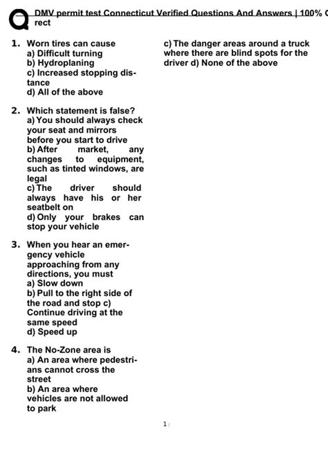 DMV permit test Connecticut Verified Questions And Answers | 100% ...