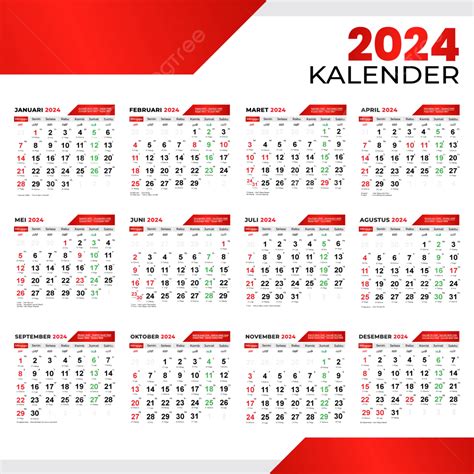 Kalender 2024 Bulan Penuh Warna Keren Dan Merah Vektor, Kalender 2024 ...
