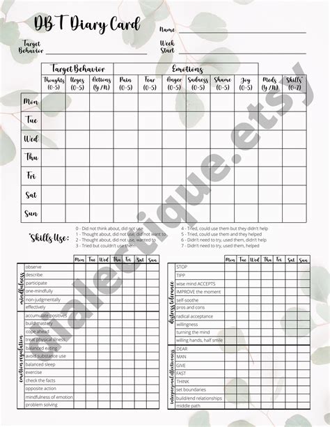 DBT Diary Card, Weekly DBT Skills Tracking - Etsy