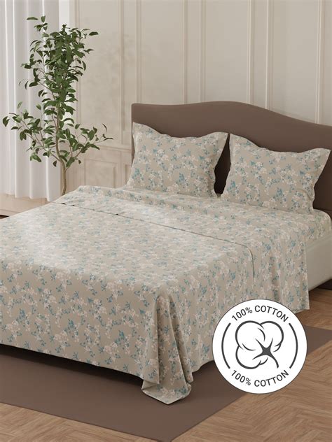Lumina Floret 100% Cotton 144 TC Grey Floral Double Bedsheet with 2 Pi