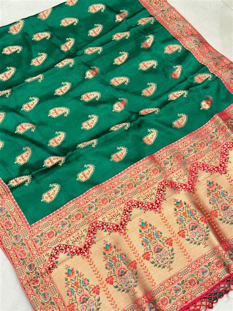 Bottle Green Banarasi Keri Butta Modal Satin Saree