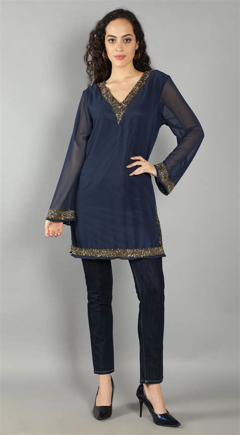 Navy Embellished V Neck Kurti (With Lining) – Debonatella